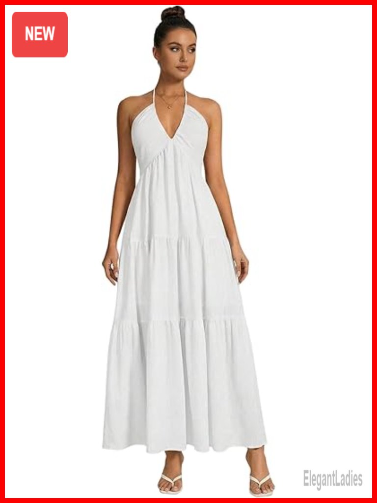 Backless Halter Maxi Dress Sleeveless Flowy Boho Sundress Wedding Guest